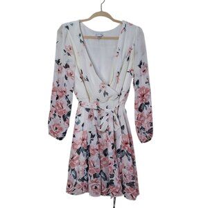 Premier Amour White Pink FLoral Mini Dress Sz 8  Wrap V neck Long  Sleeves